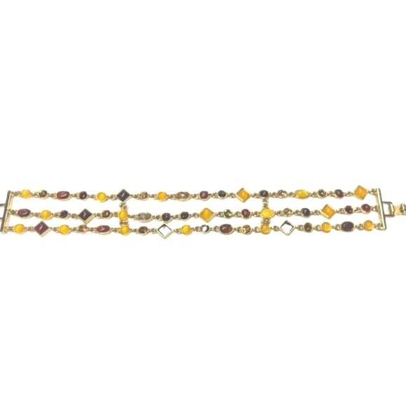 Amber Bracelet Multi Color Triple Strand Gold Tone 7 1/4” Crystal Accents - Picture 3 of 5